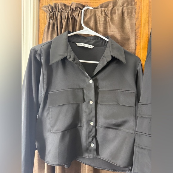 Zara women’s  silk top cropped Sz M Black cargo  Pants xs Set - Picture 8 of 13